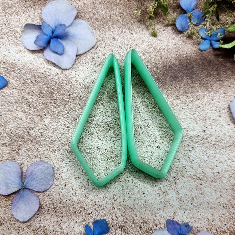 Pair of mirrored green PLA crystal kite polymer clay cutters, a left and a right cutter, for long statement earrings by SweetyBijou