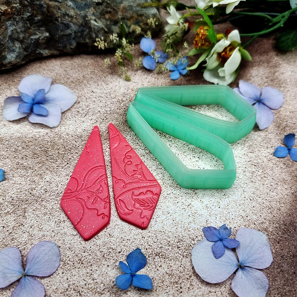 Pair of mirrored green PLA crystal kite polymer clay cutters, a left and a right cutter, for long statement earrings by SweetyBijou