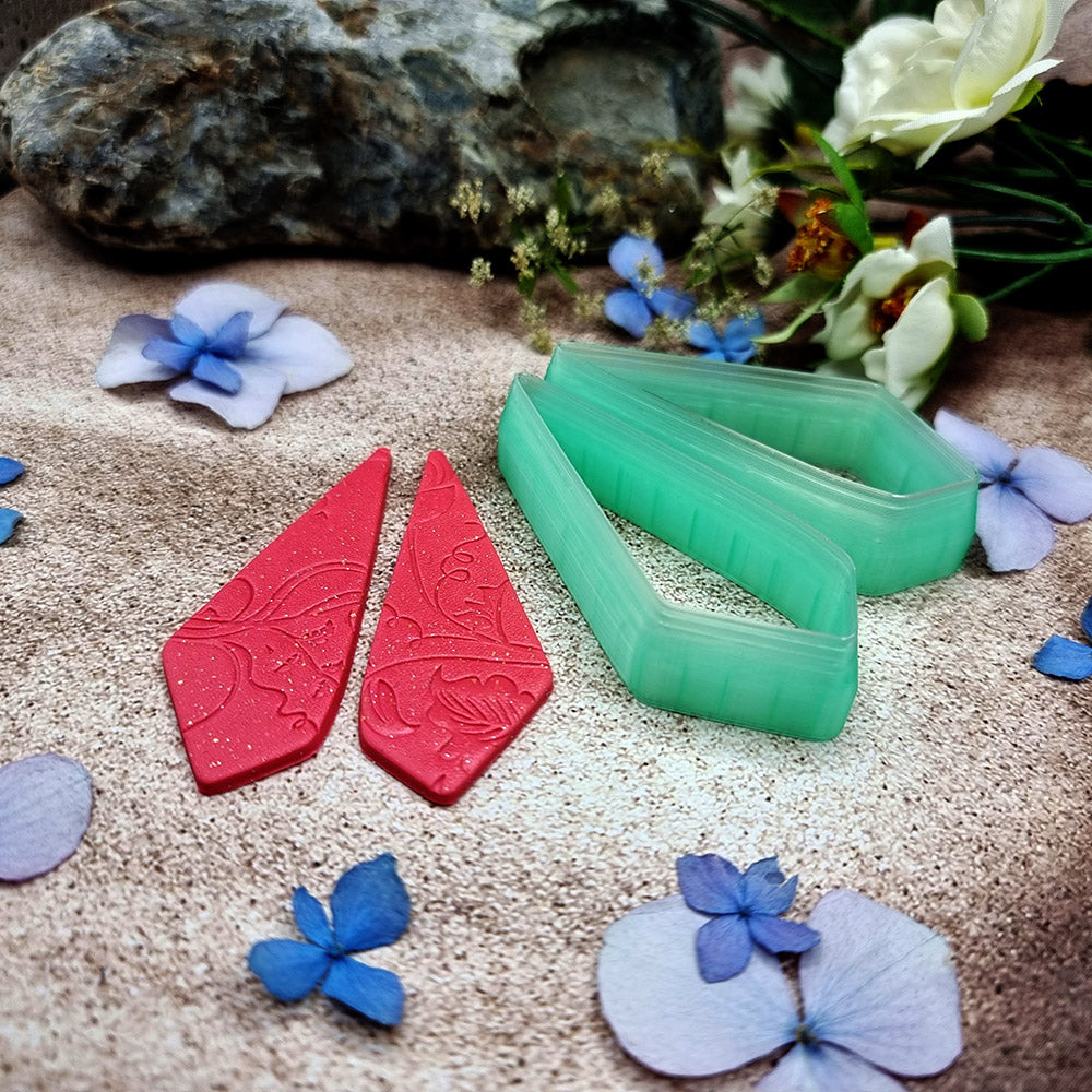 Pair of mirrored green PLA crystal kite polymer clay cutters, a left and a right cutter, for long statement earrings by SweetyBijou