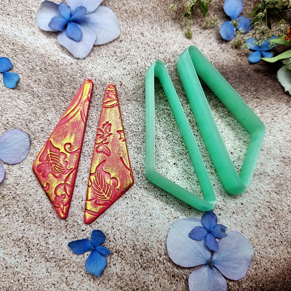 Pair of mirrored green PLA slanted triangle polymer clay cutters, a left and a right cutter, for long statement earrings by SweetyBijou
