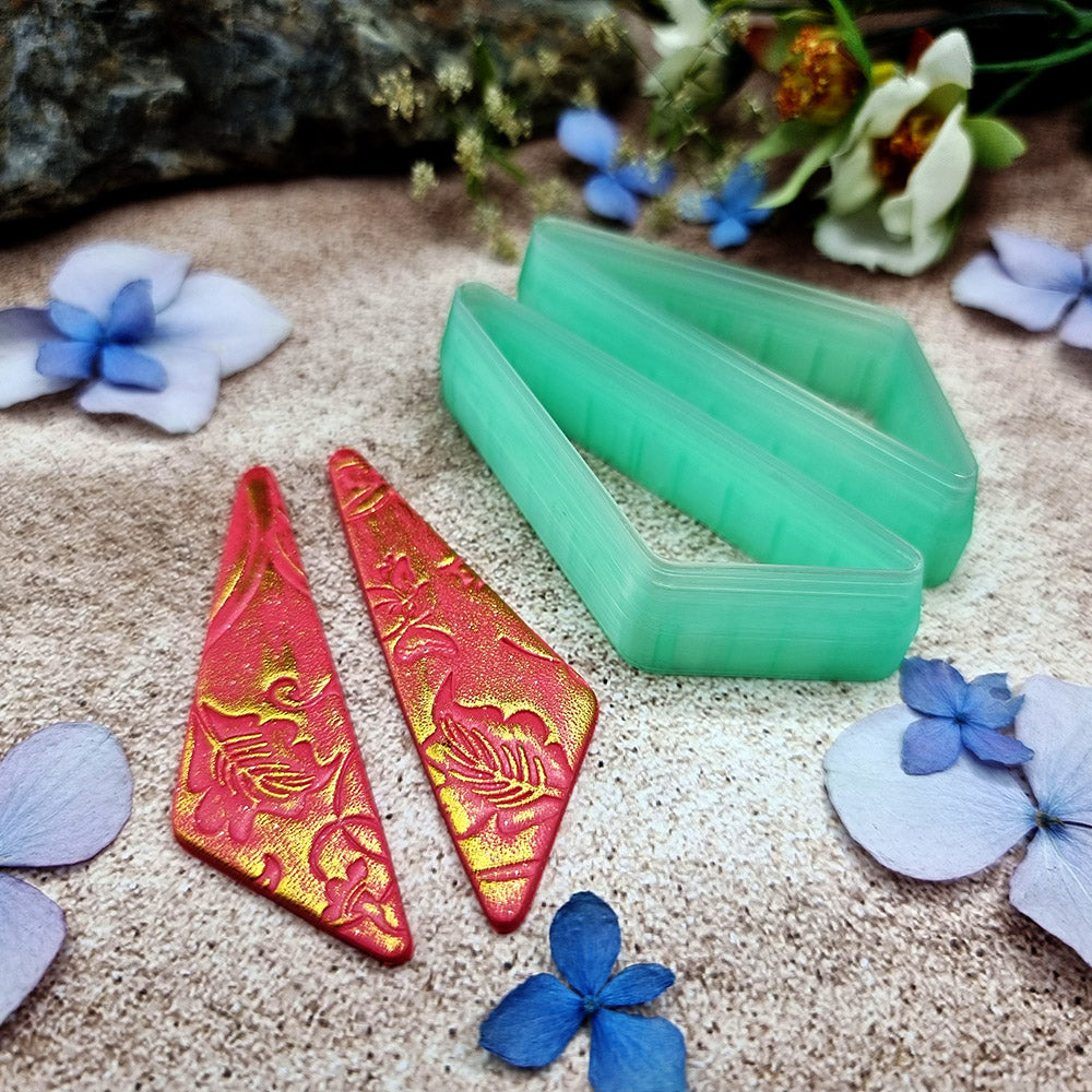 Pair of mirrored green PLA slanted triangle polymer clay cutters, a left and a right cutter, for long statement earrings by SweetyBijou