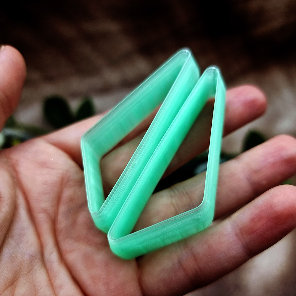 Pair of mirrored green PLA slanted triangle polymer clay cutters, a left and a right cutter, for long statement earrings by SweetyBijou