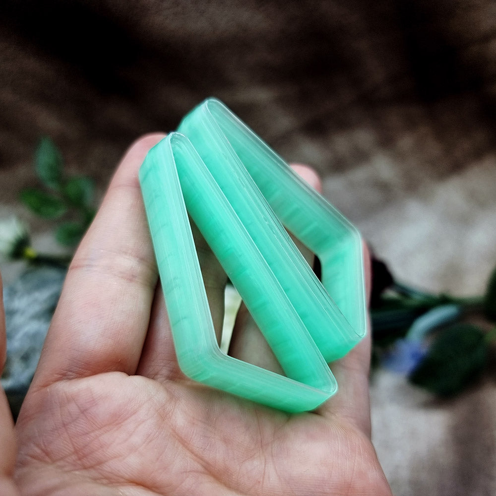 Pair of mirrored green PLA slanted triangle polymer clay cutters, a left and a right cutter, for long statement earrings by SweetyBijou