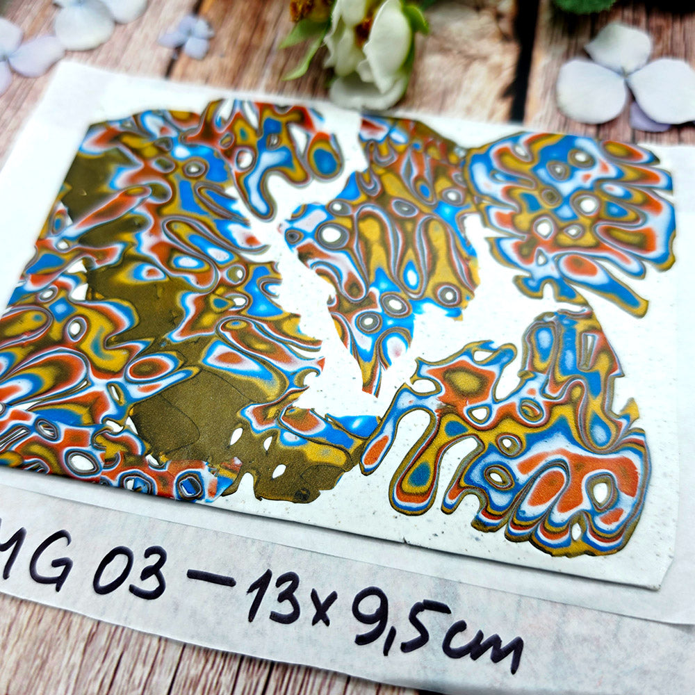 Raw polymer clay veneer sheet, Golden Tide Mokume Gane