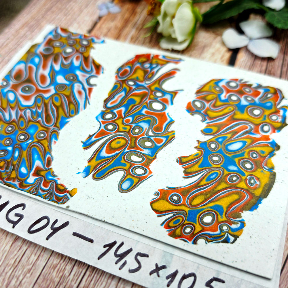 Raw polymer clay veneer sheet, Coral Lagoon Mokume Gane