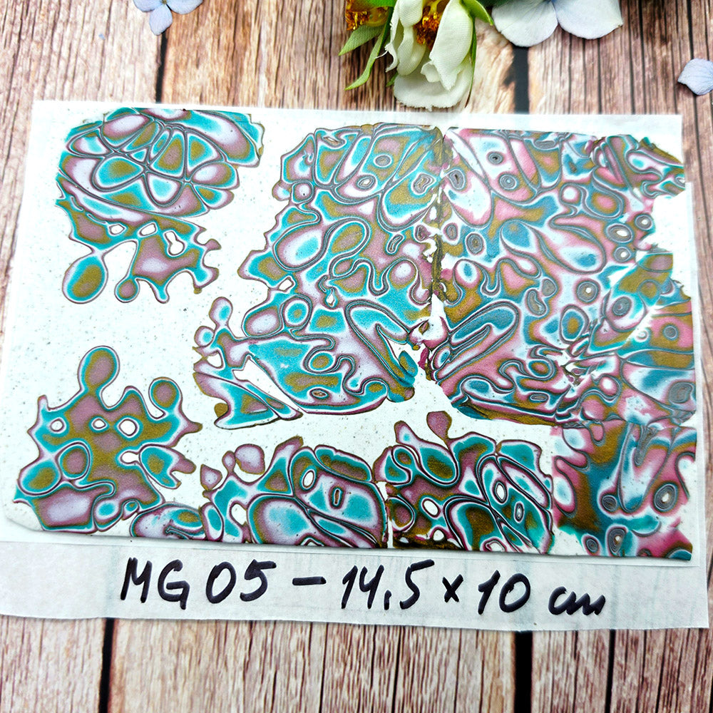Raw polymer clay veneer sheet, Rose Lagoon Mokume Gane