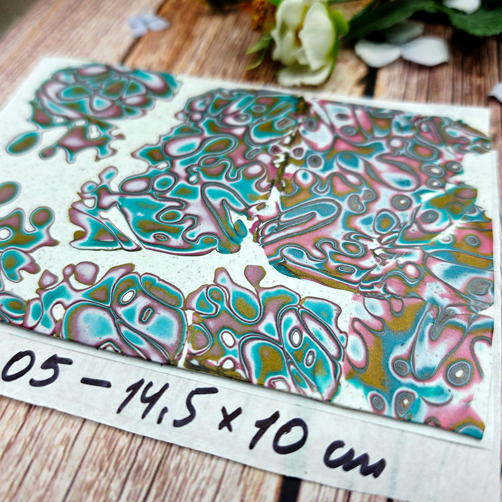 Raw polymer clay veneer sheet, Rose Lagoon Mokume Gane