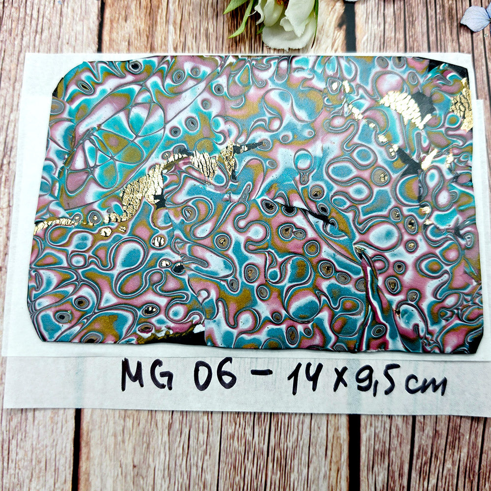 Raw polymer clay veneer sheet, Gilded Rose Lagoon Mokume Gane