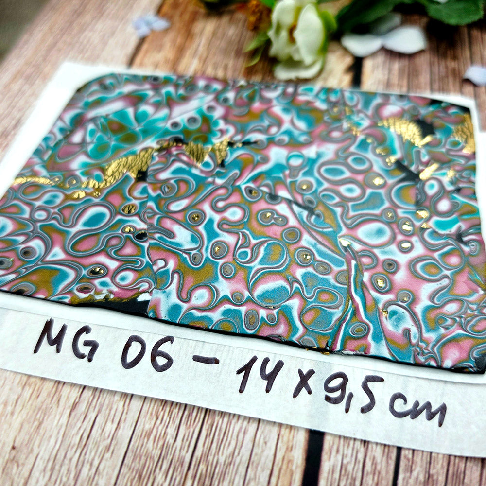 Raw polymer clay veneer sheet, Gilded Rose Lagoon Mokume Gane