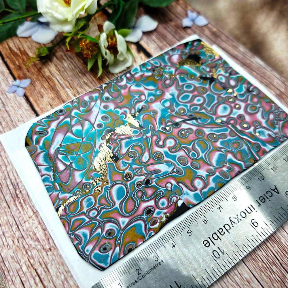 Raw polymer clay veneer sheet, Gilded Rose Lagoon Mokume Gane
