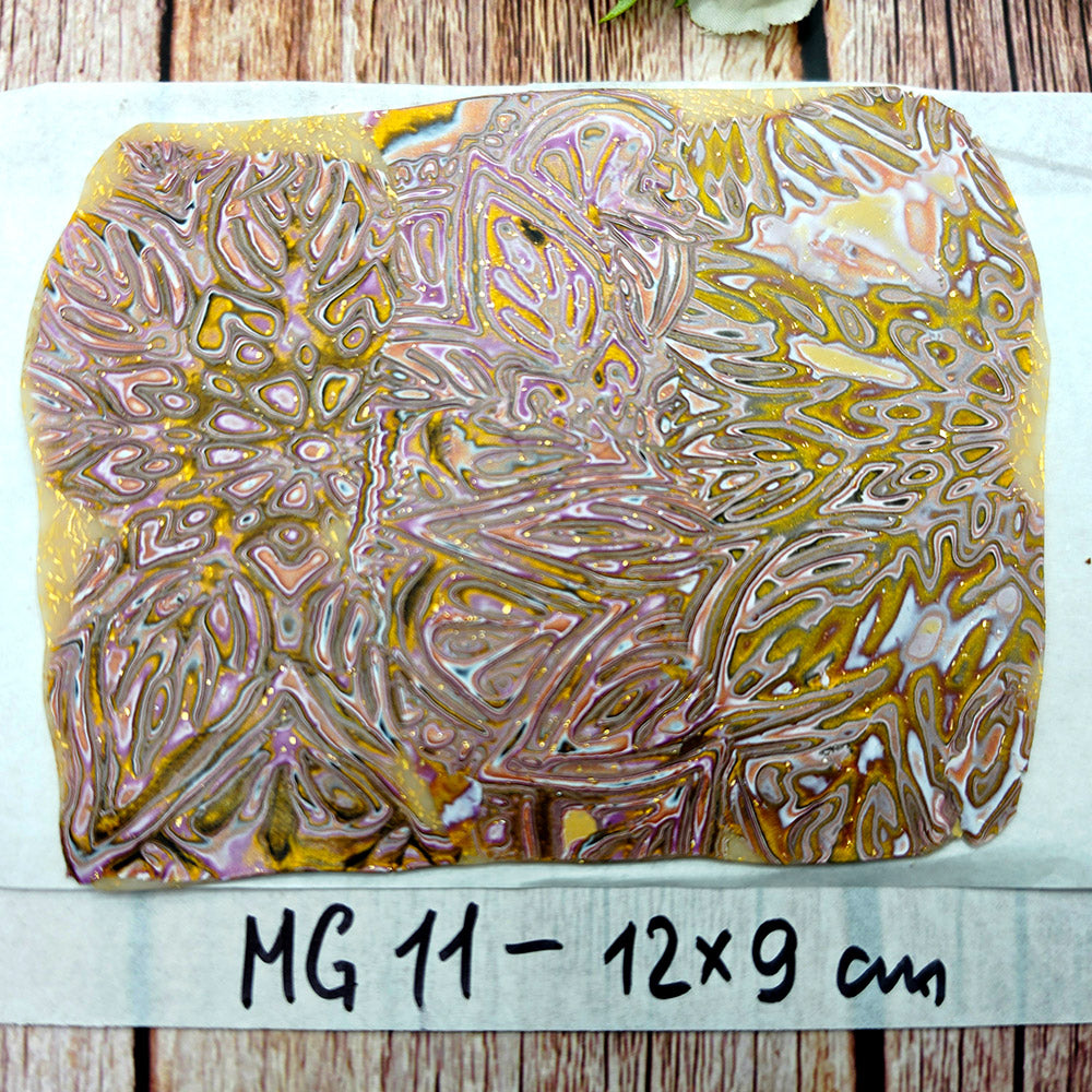 Raw polymer clay veneer sheet, Golden Orchid Mandala Mokume Gane