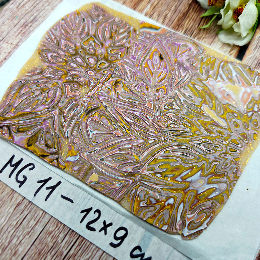 Raw polymer clay veneer sheet, Golden Orchid Mandala Mokume Gane