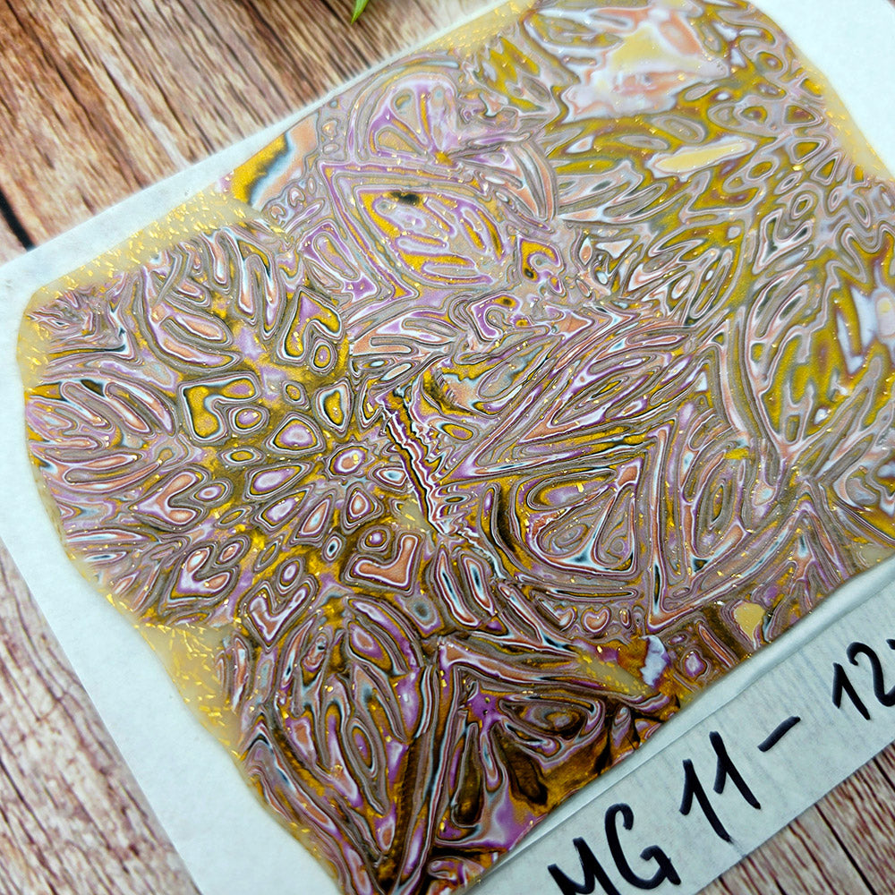 Raw polymer clay veneer sheet, Golden Orchid Mandala Mokume Gane