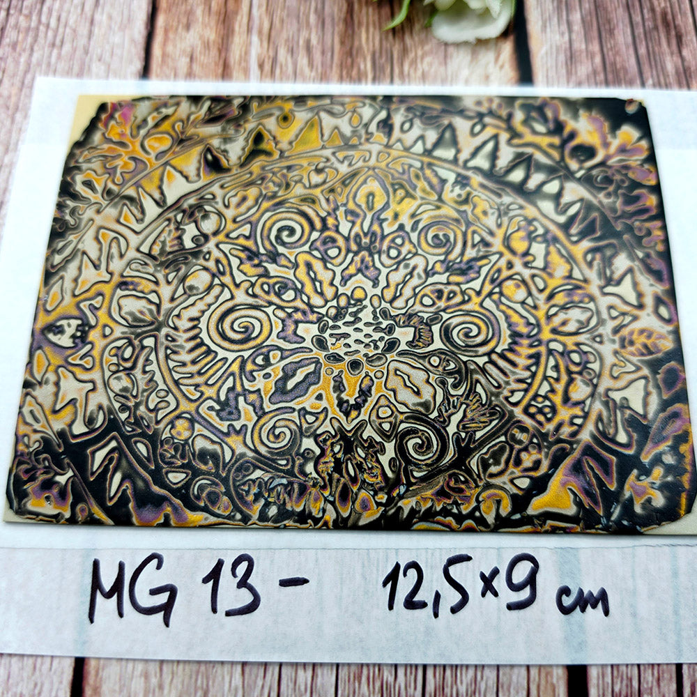 Raw polymer clay veneer sheet, Midnight Gold Mandala Mokume Gane
