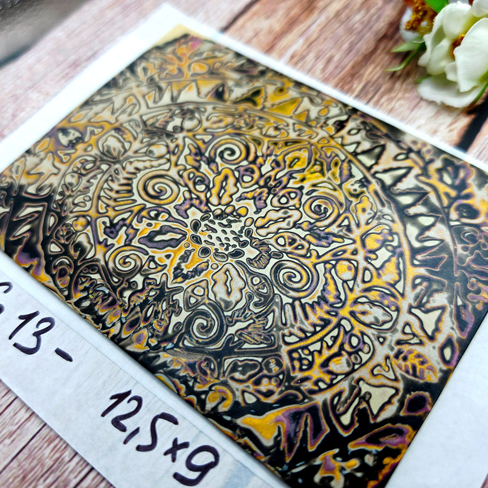Raw polymer clay veneer sheet, Midnight Gold Mandala Mokume Gane