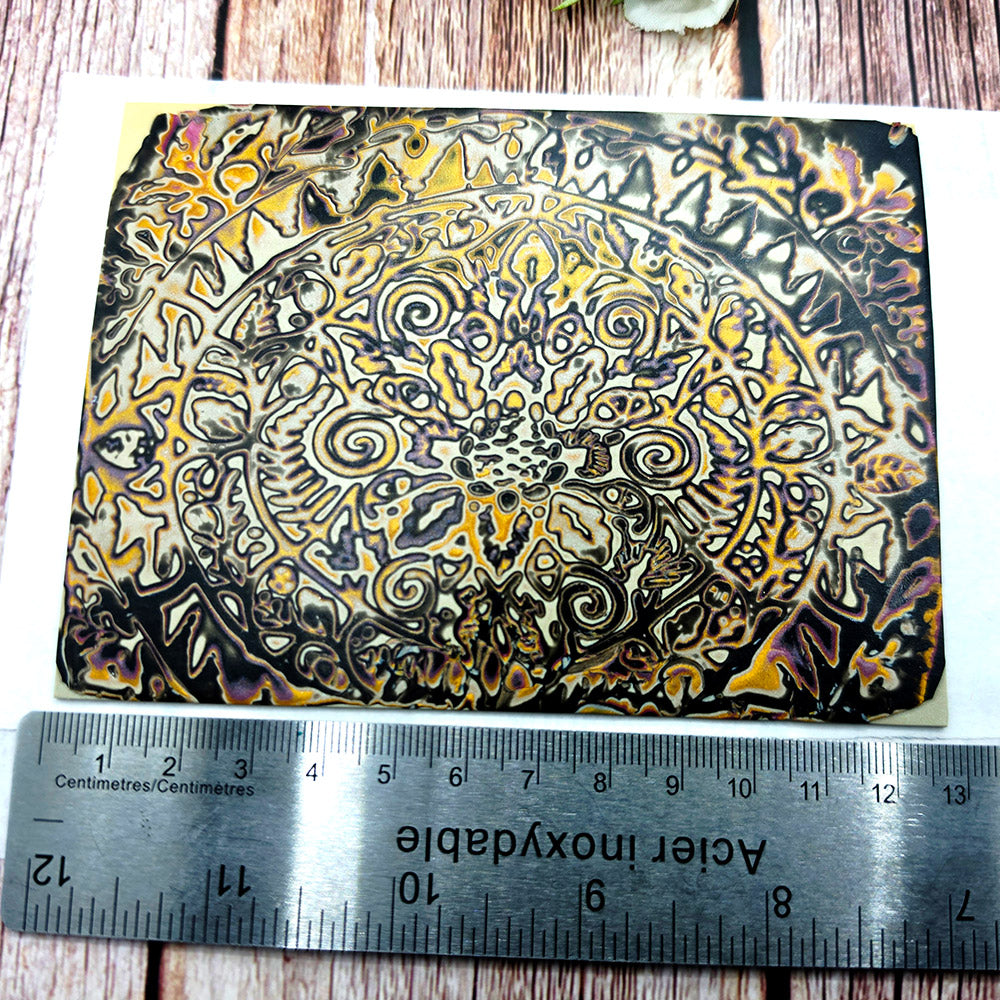 Raw polymer clay veneer sheet, Midnight Gold Mandala Mokume Gane
