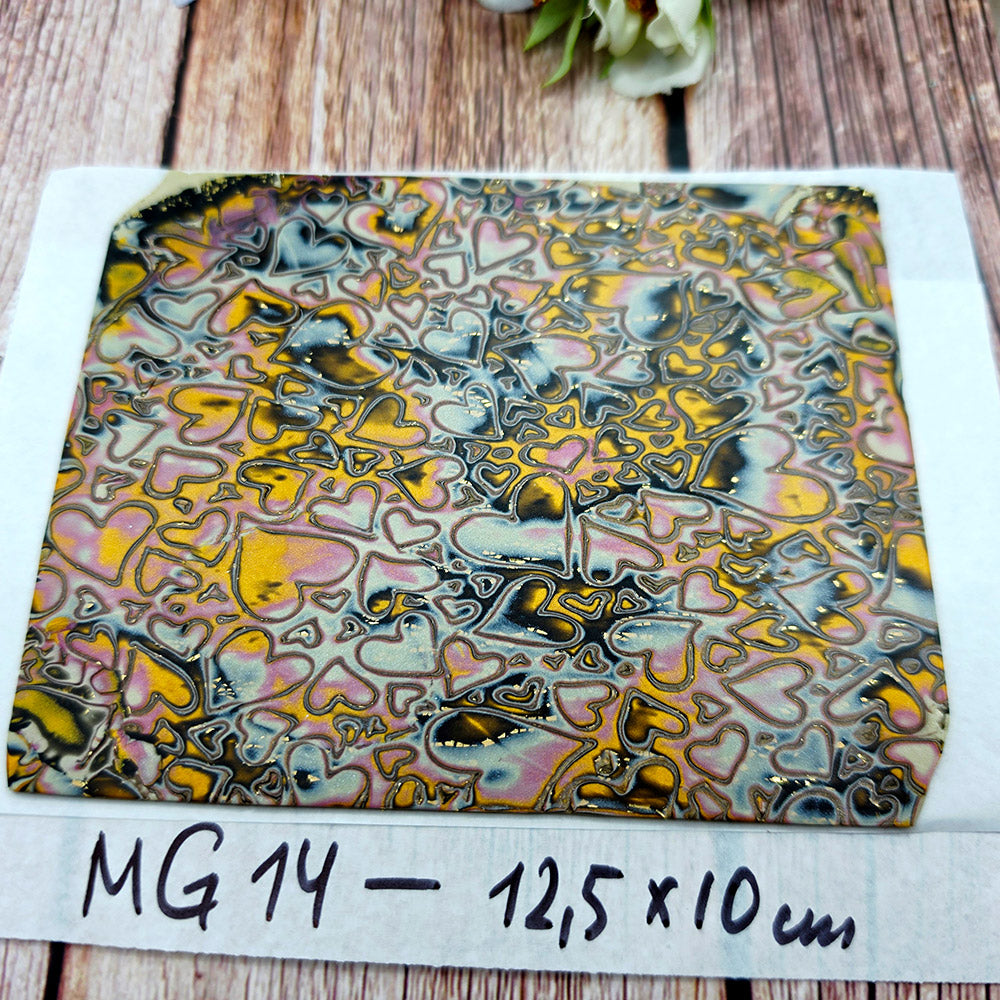 Raw polymer clay veneer sheet, Golden Hearts Mokume Gane