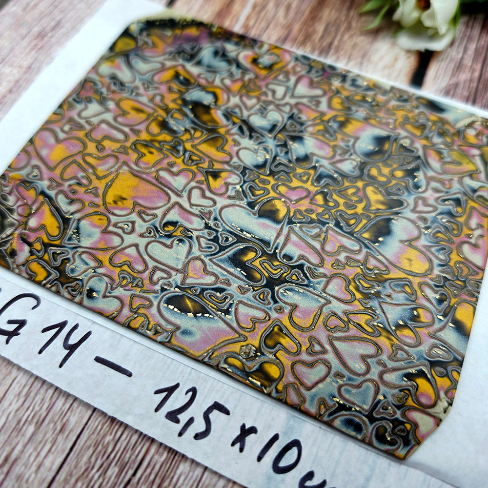 Raw polymer clay veneer sheet, Golden Hearts Mokume Gane