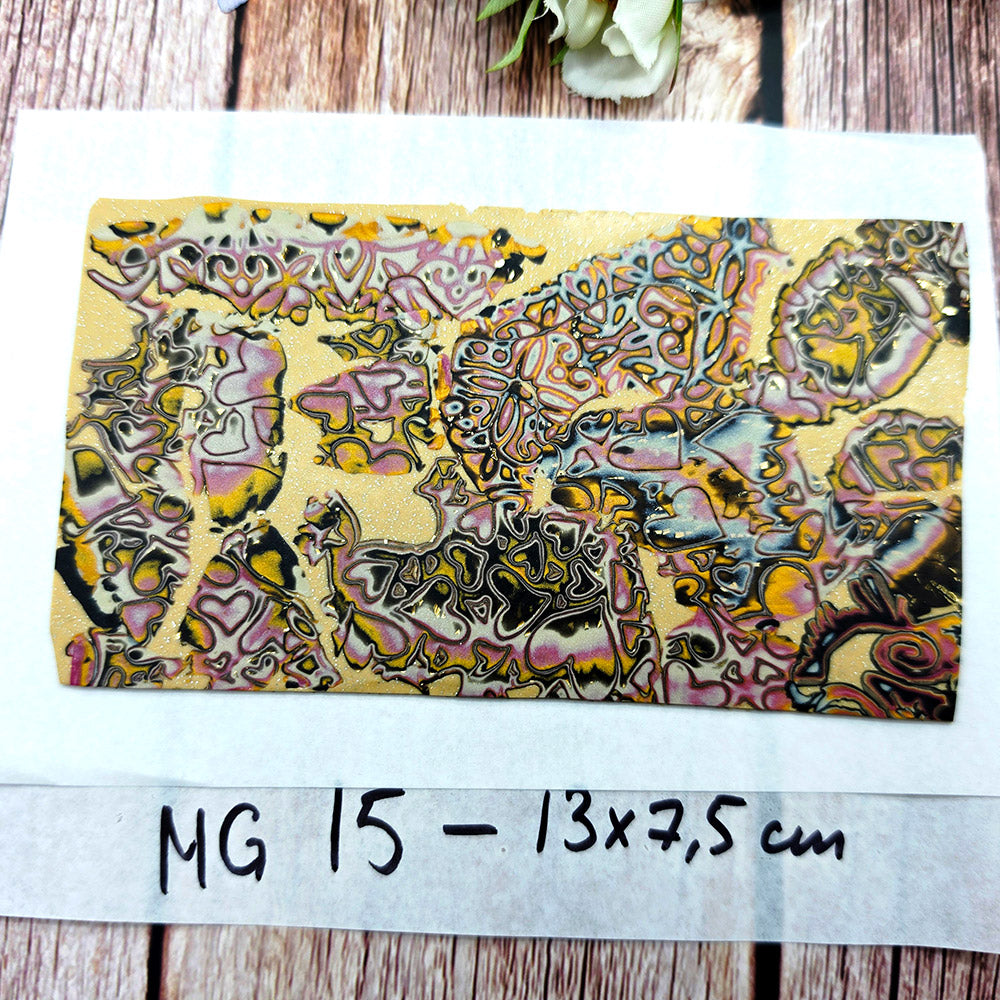 Raw polymer clay veneer sheet, Golden Patchwork Mokume Gane