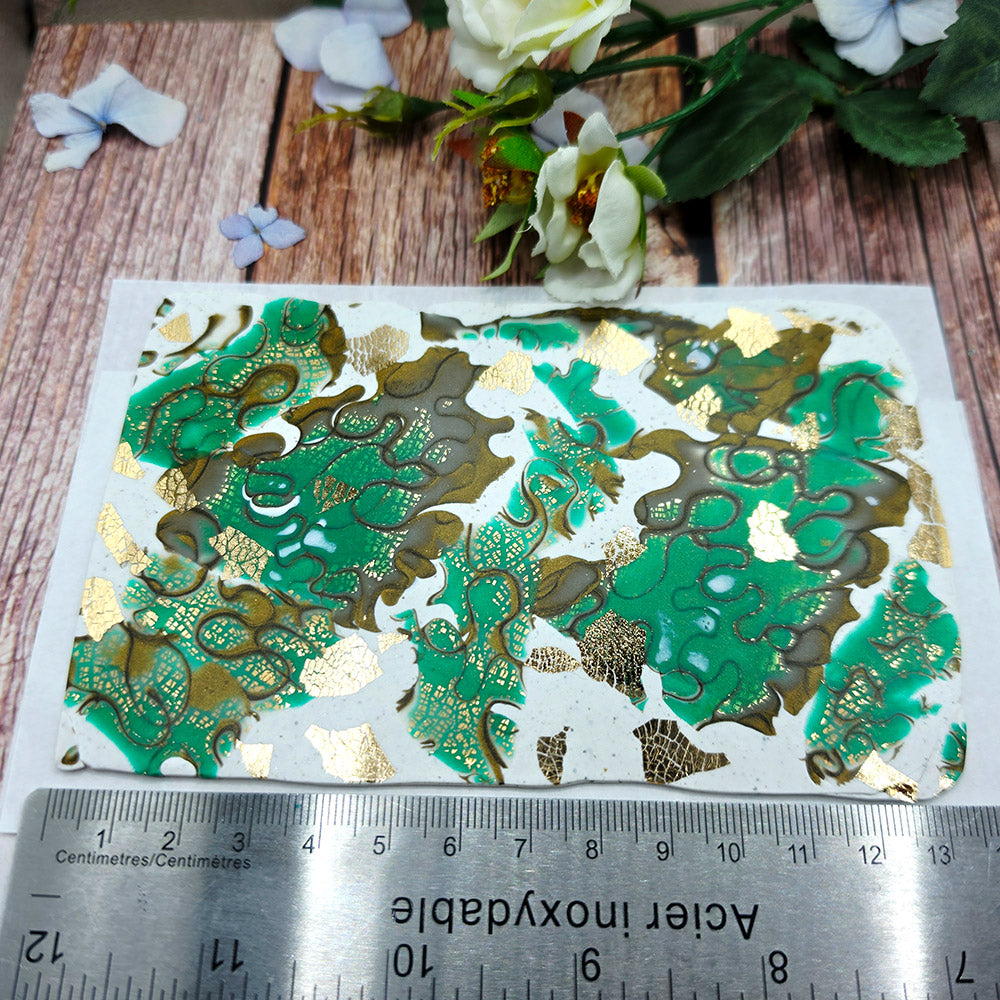 Raw polymer clay veneer sheet, Emerald Treasure Mokume Gane