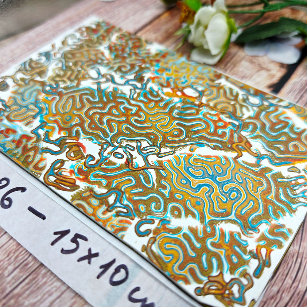 Raw polymer clay veneer sheet, Golden Turquoise Maze