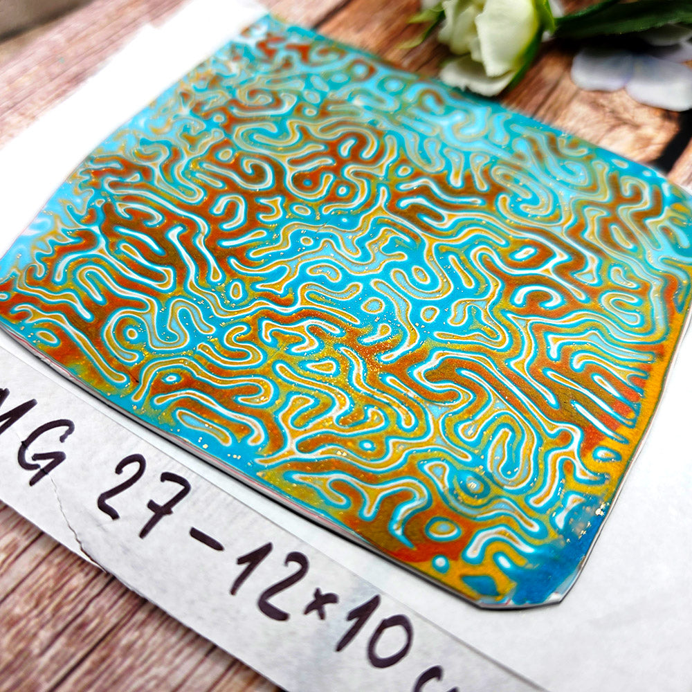 Raw polymer clay veneer sheet, Turquoise Golden Labyrinth