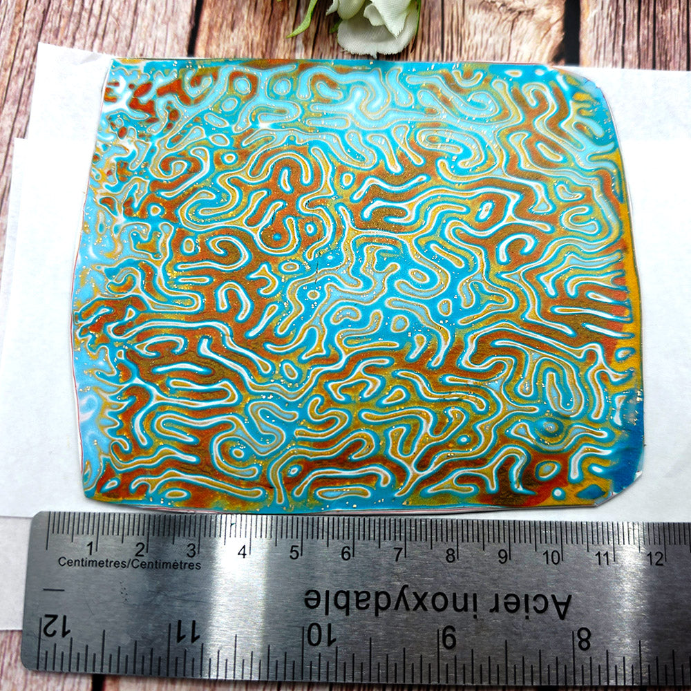Raw polymer clay veneer sheet, Turquoise Golden Labyrinth