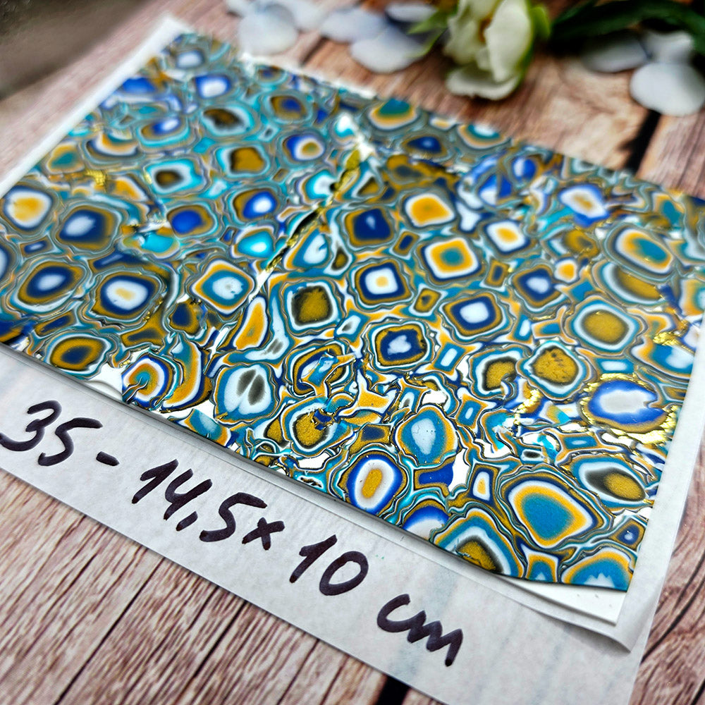 Raw polymer clay veneer sheet, Blue Gold Mosaic Agate