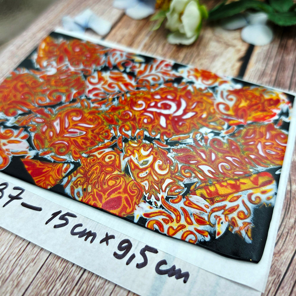 Raw polymer clay veneer sheet, Scarlet Fire Baroque