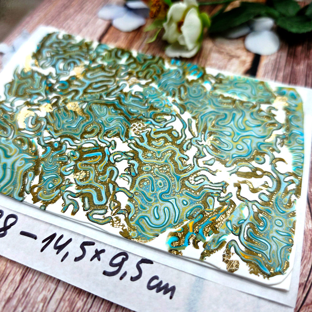 Raw polymer clay veneer sheet, Aqua Gold Labyrinth