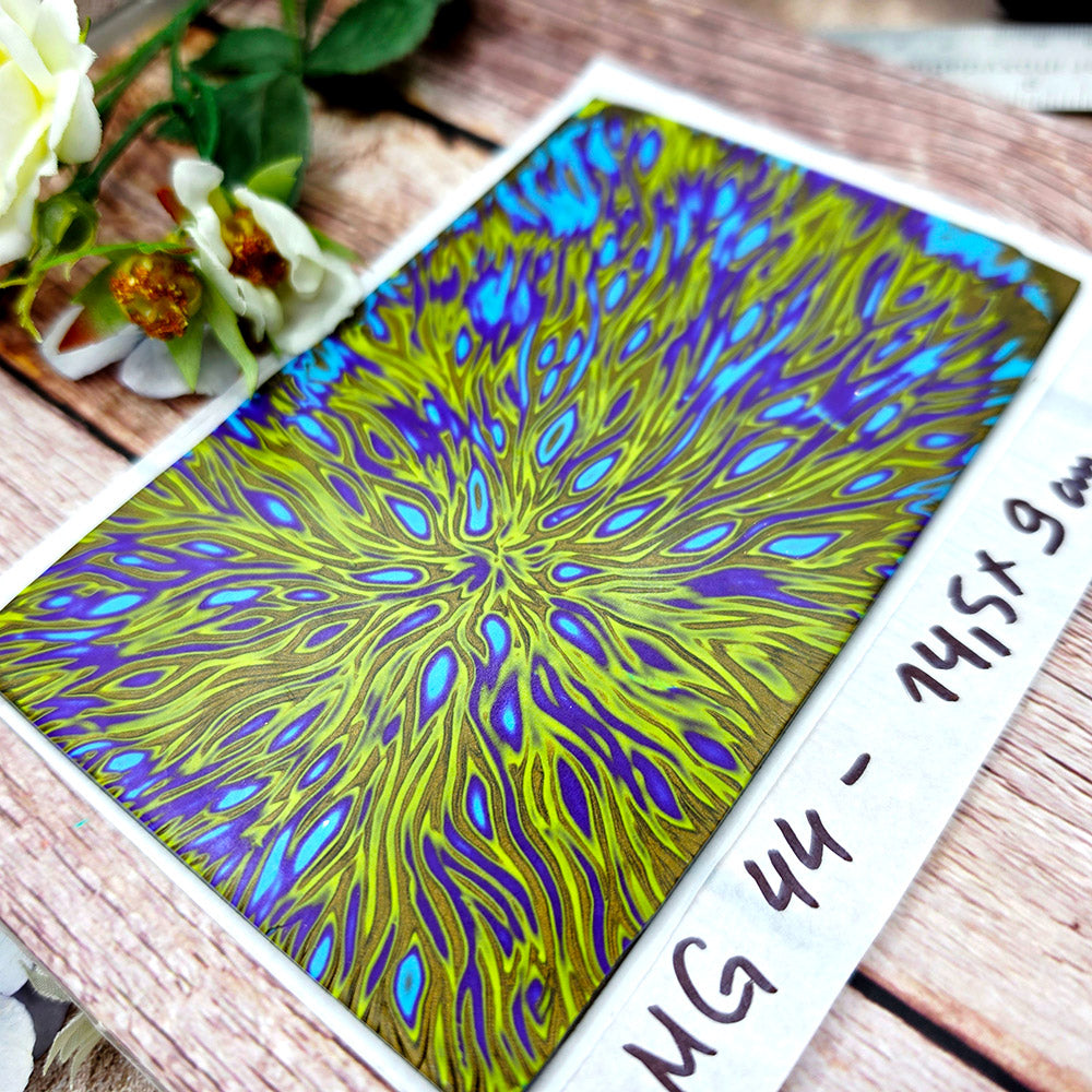 Raw polymer clay veneer sheet, Electric Peacock