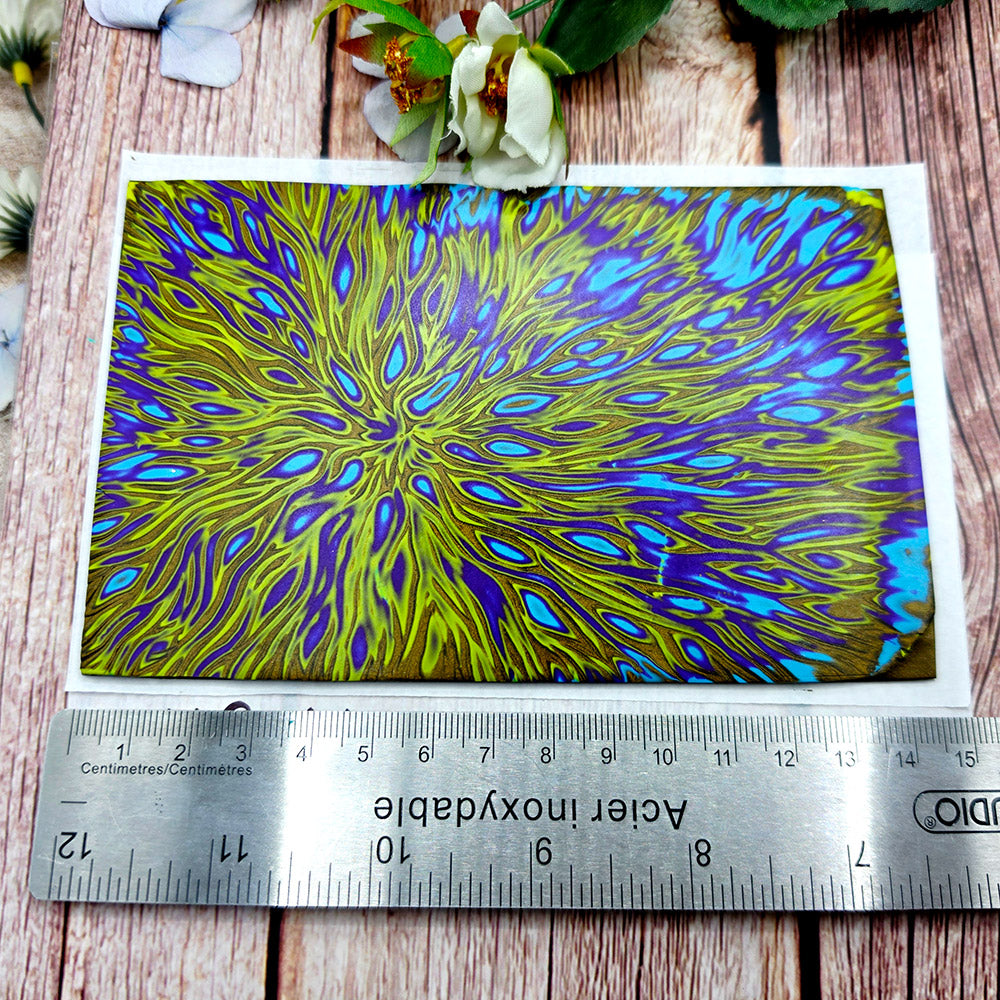 Raw polymer clay veneer sheet, Electric Peacock