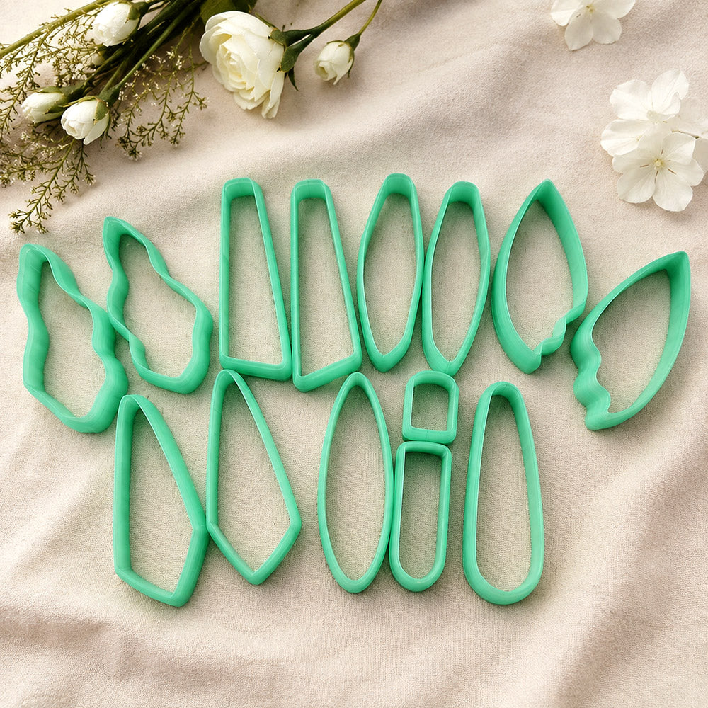 Bundle of green PLA long polymer clay cutters in marquise, kite and teardrop shapes, all 6 cm long, for statement earrings by SweetyBijou