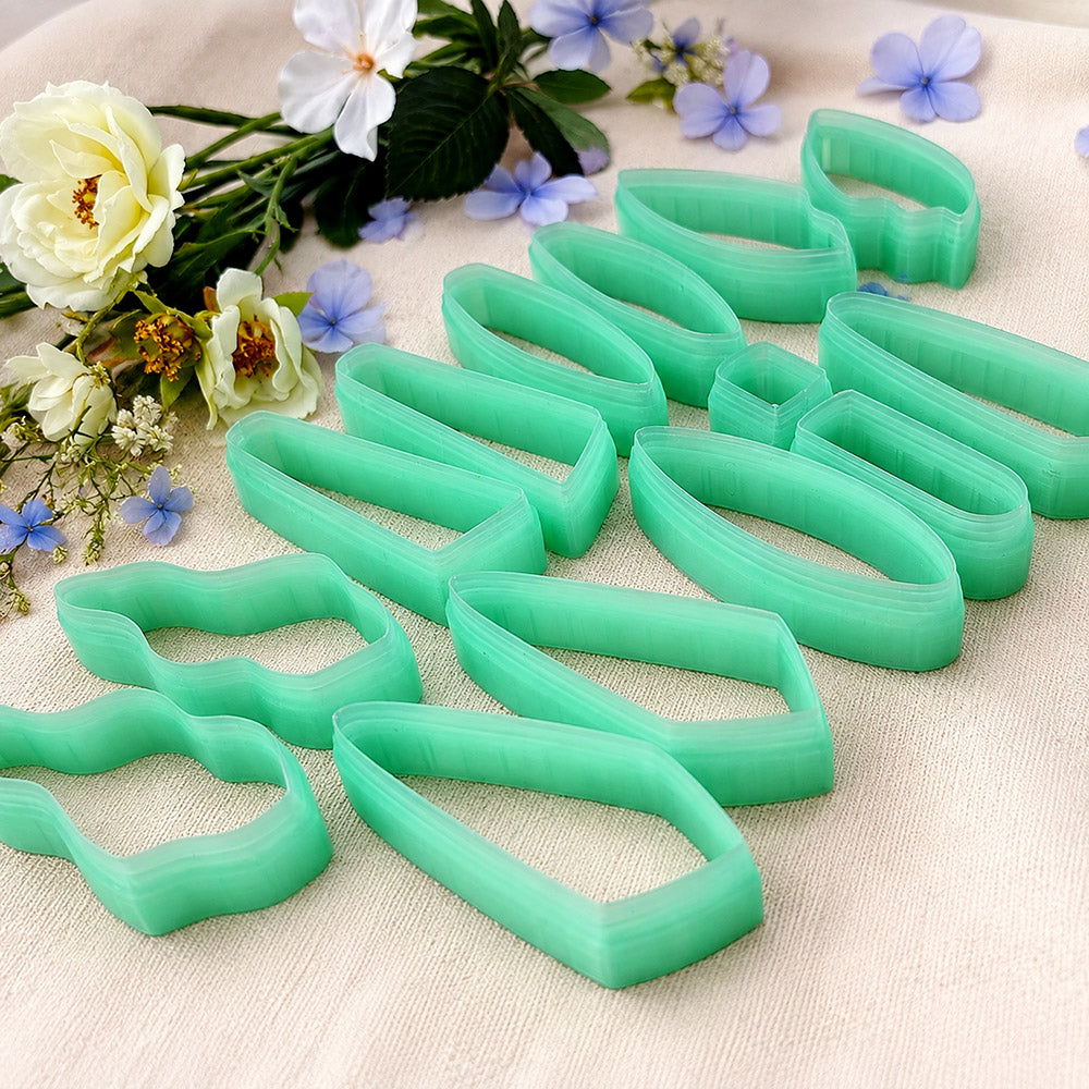 Bundle of green PLA long polymer clay cutters in marquise, kite and teardrop shapes, all 6 cm long, for statement earrings by SweetyBijou
