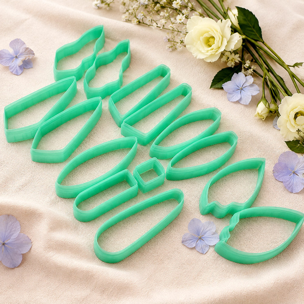 Bundle of green PLA long polymer clay cutters in marquise, kite and teardrop shapes, all 6 cm long, for statement earrings by SweetyBijou