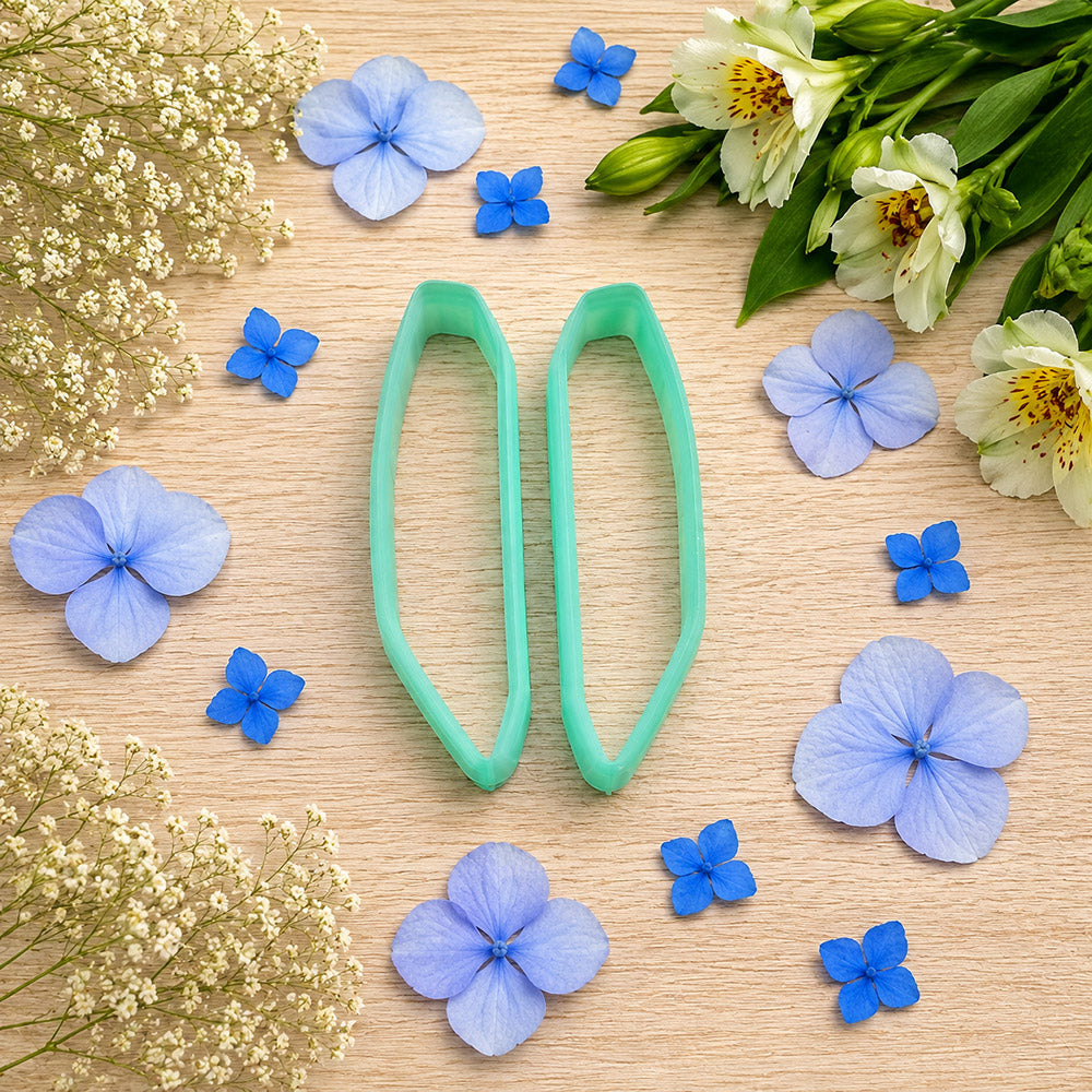 Pair of mirrored green PLA angled shard polymer clay cutters, a left and a right cutter, for long statement earrings by SweetyBijou