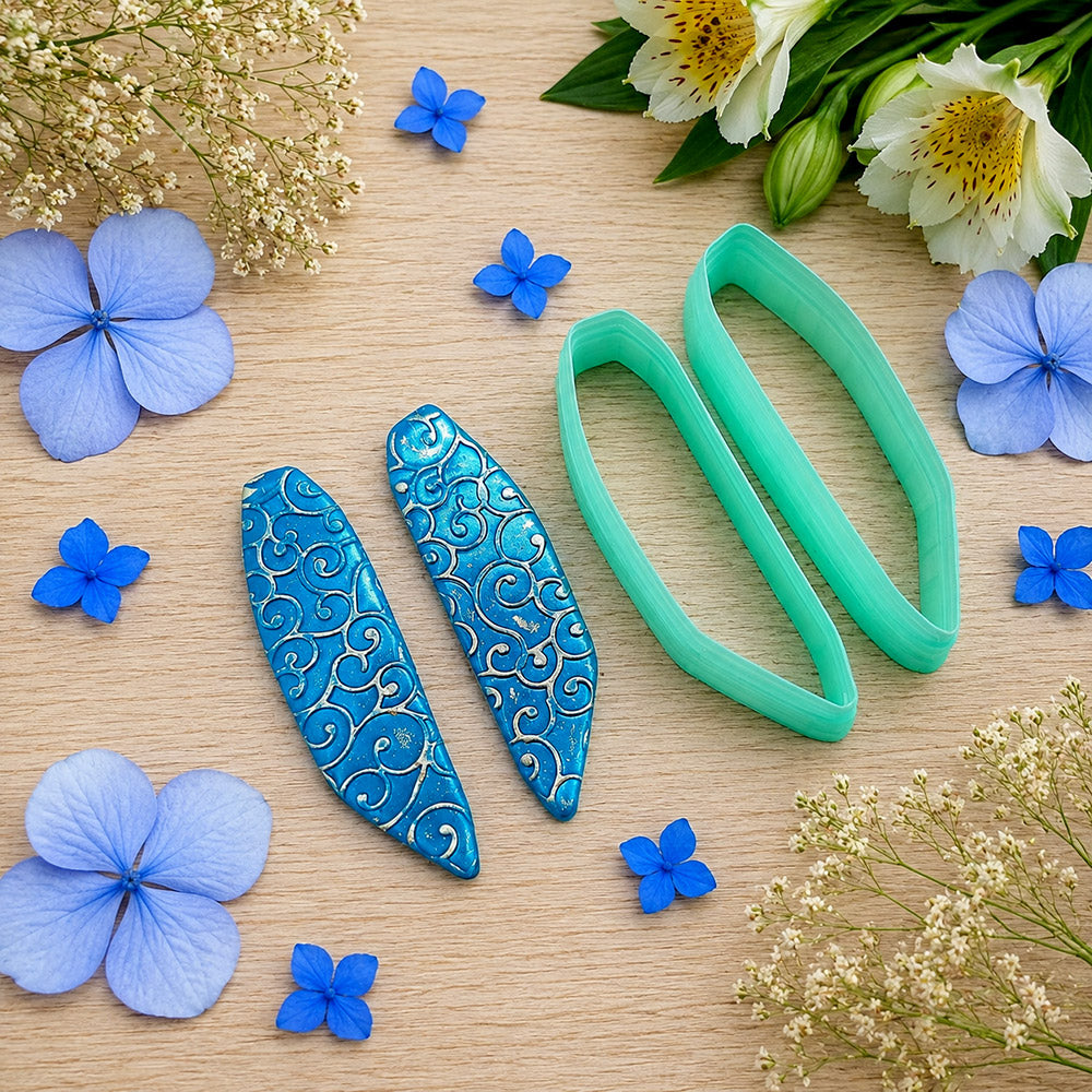 Pair of mirrored green PLA angled shard polymer clay cutters, a left and a right cutter, for long statement earrings by SweetyBijou