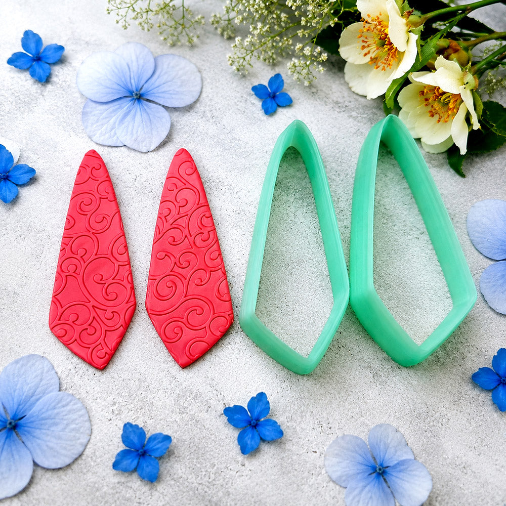 Pair of mirrored green PLA long kite polymer clay cutters, a left and a right cutter, for long statement earrings by SweetyBijou