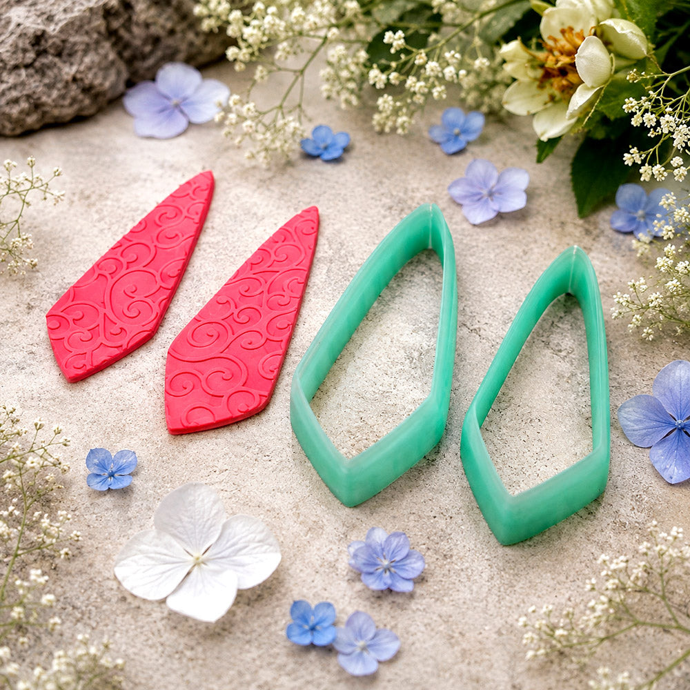 Pair of mirrored green PLA long kite polymer clay cutters, a left and a right cutter, for long statement earrings by SweetyBijou