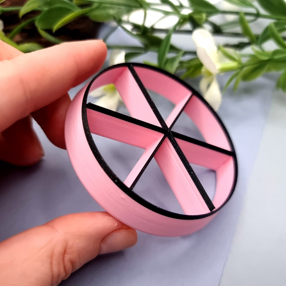 Slice cutter, disc divided into equal wedges, polymer clay