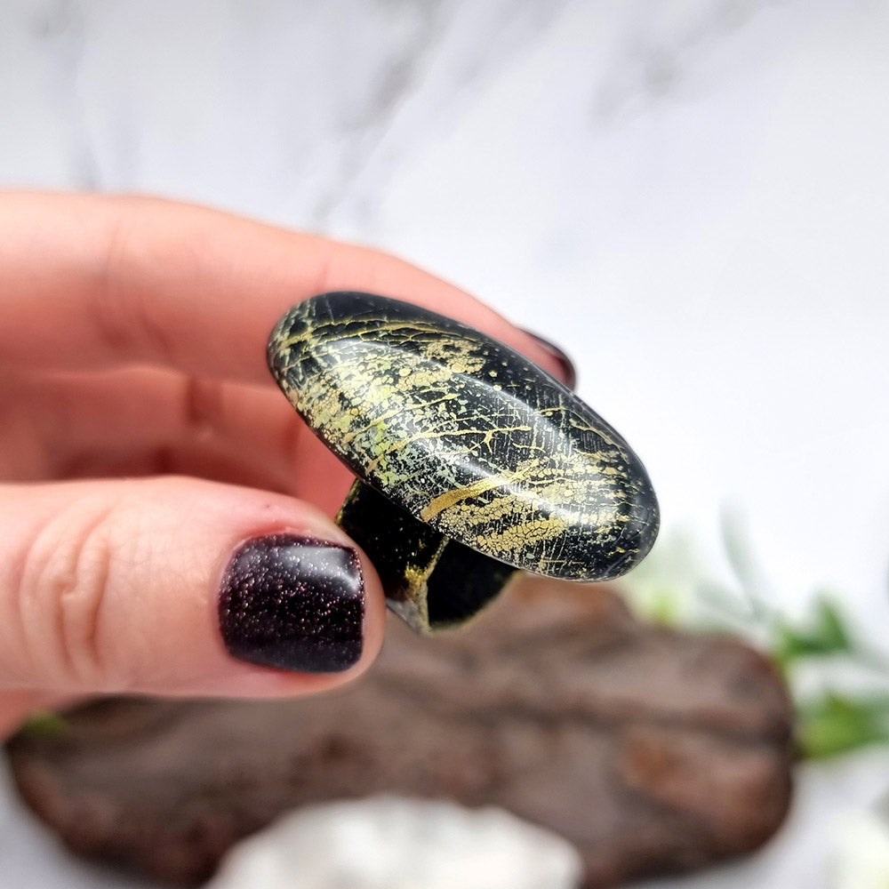 Stylish Oval Polymer Clay Gold & Black Ring Ring SweetyBijou Jewelry   