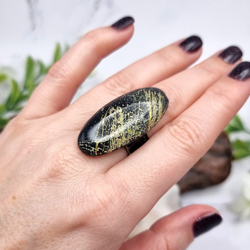 Stylish Oval Polymer Clay Gold & Black Ring Ring SweetyBijou Jewelry   