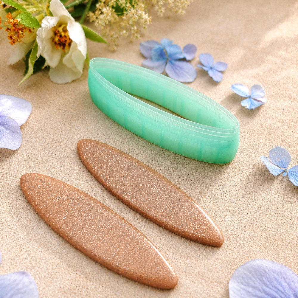 Green PLA slim marquise polymer clay cutter pointed at both ends with terracotta clay marquise earring pieces by SweetyBijou