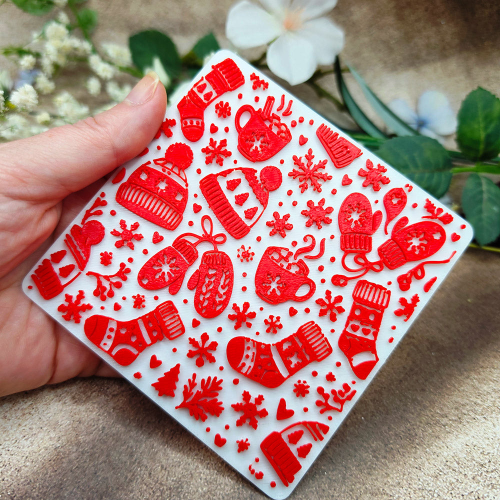 Cozy Winter plastic Christmas texture plate for polymer clay, 10x10 cm