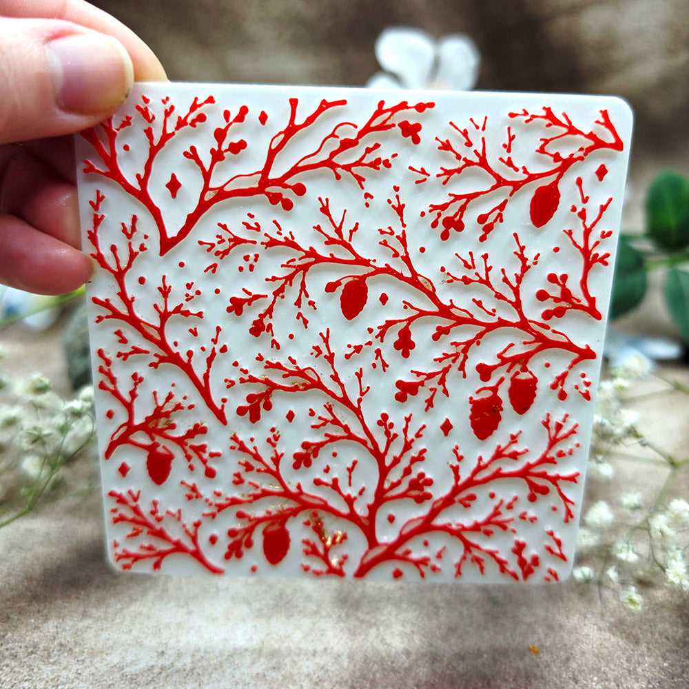 Bare Winter Branches plastic Christmas texture plate for polymer clay, 10x10 cm