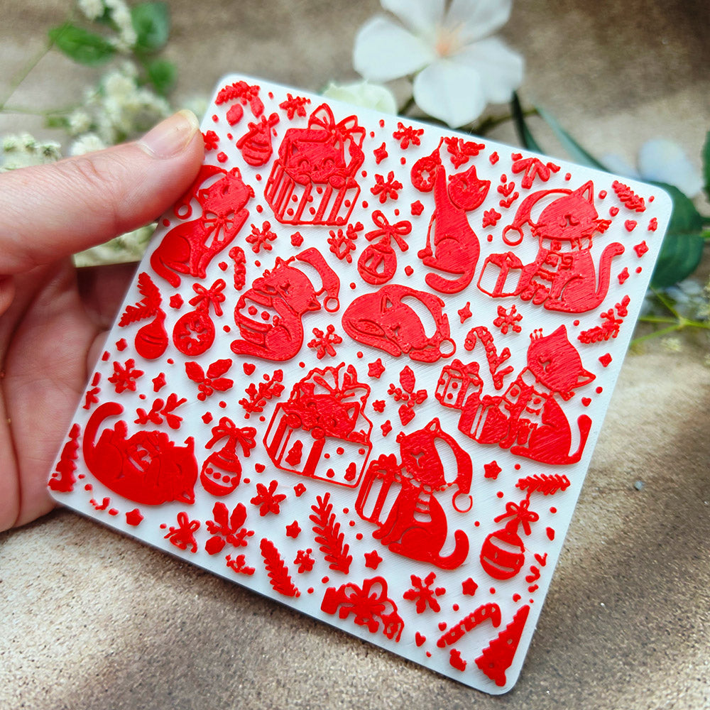 Christmas Cats plastic Christmas texture plate for polymer clay, 10x10 cm
