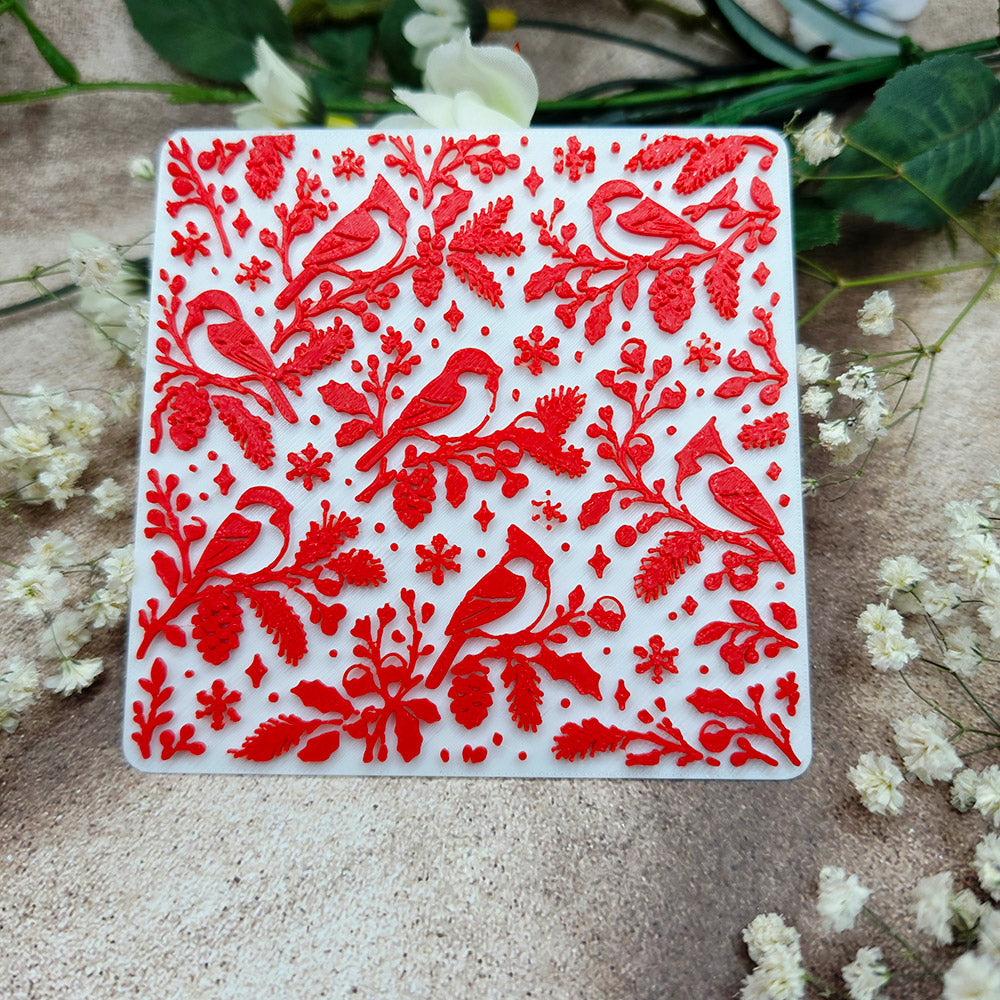 Winter Birds plastic Christmas texture plate for polymer clay, 10x10 cm