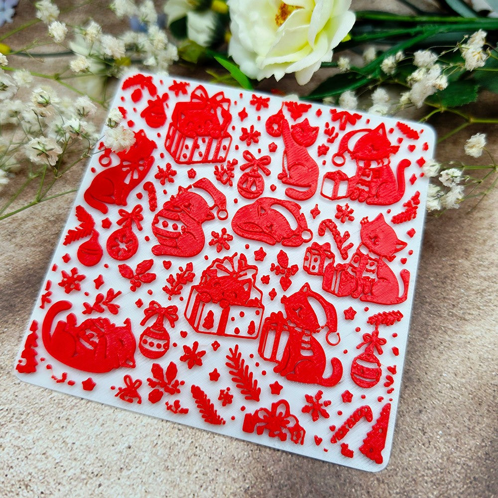 Christmas Cats plastic Christmas texture plate for polymer clay, 10x10 cm