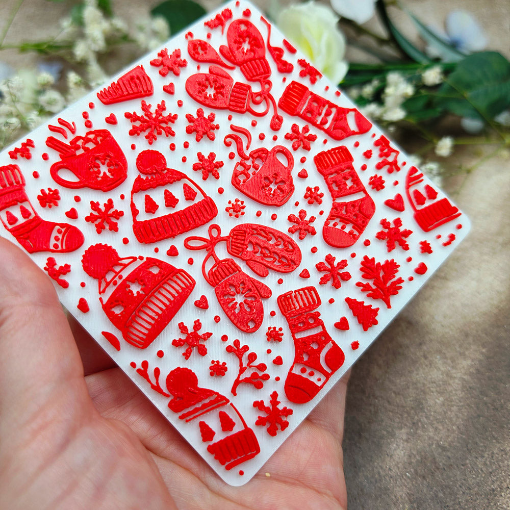 Cozy Winter plastic Christmas texture plate for polymer clay, 10x10 cm