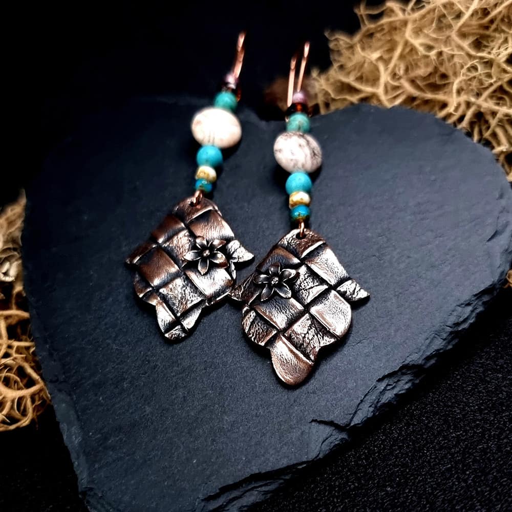 Bronze Earrings with Leather Print and flowers Earrings SweetyBijou Jewelry   